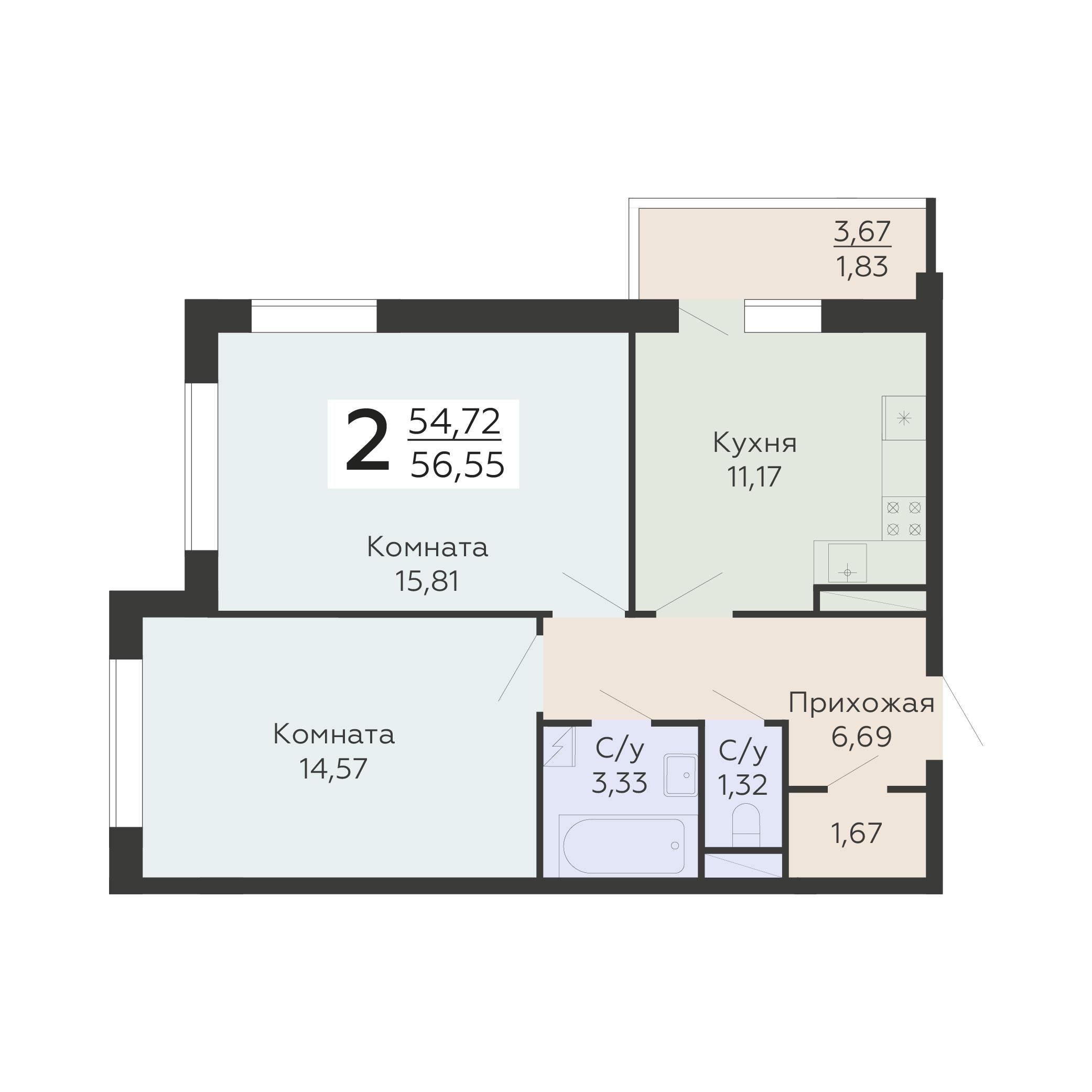 2-комнатная 56 м2 в ЖК Никитинские сады корпус null этаж 19