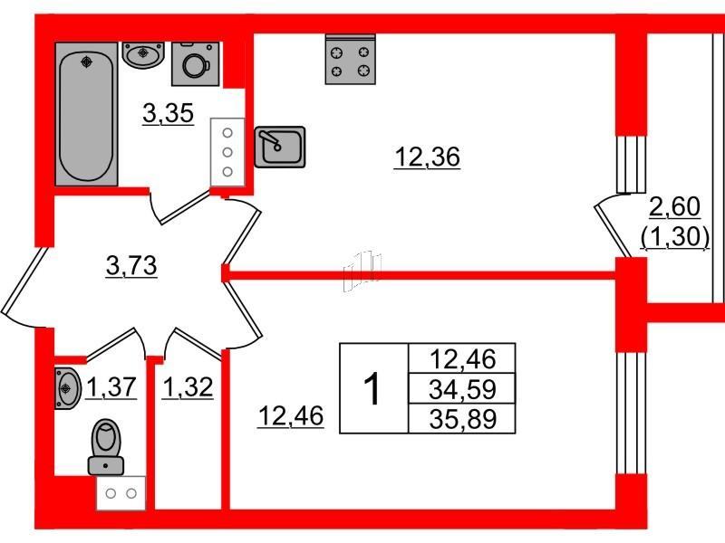 1-комнатная 35 м2 в ЖК Кинопарк корпус null этаж 3