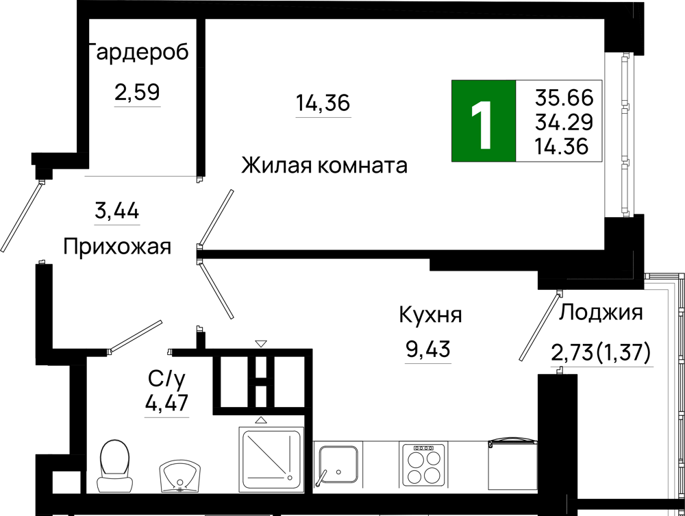 1-комнатная 35 м2 в ЖК Октябрь парк корпус null этаж 4