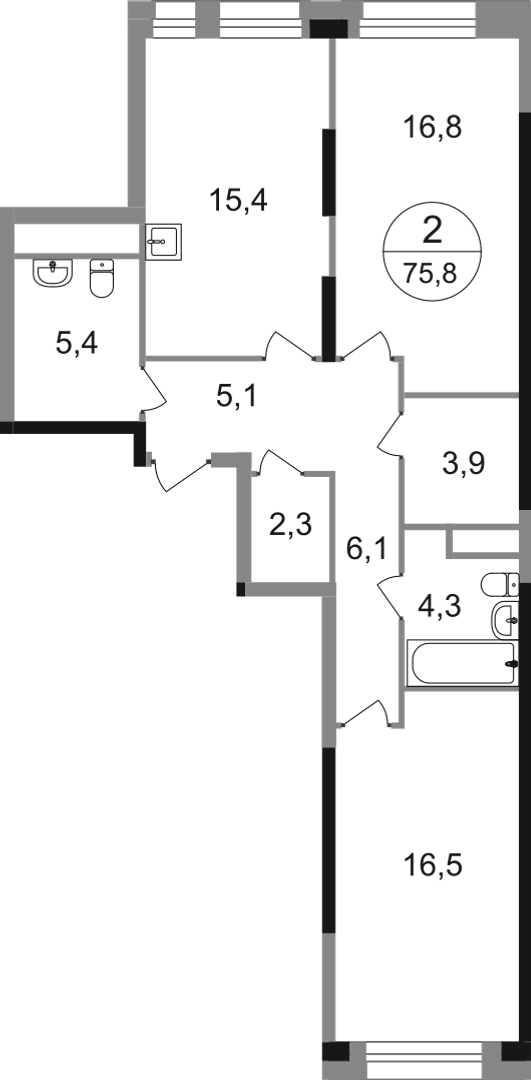 2-комнатная 75 м2 в ЖК Первый Московский корпус null этаж 15