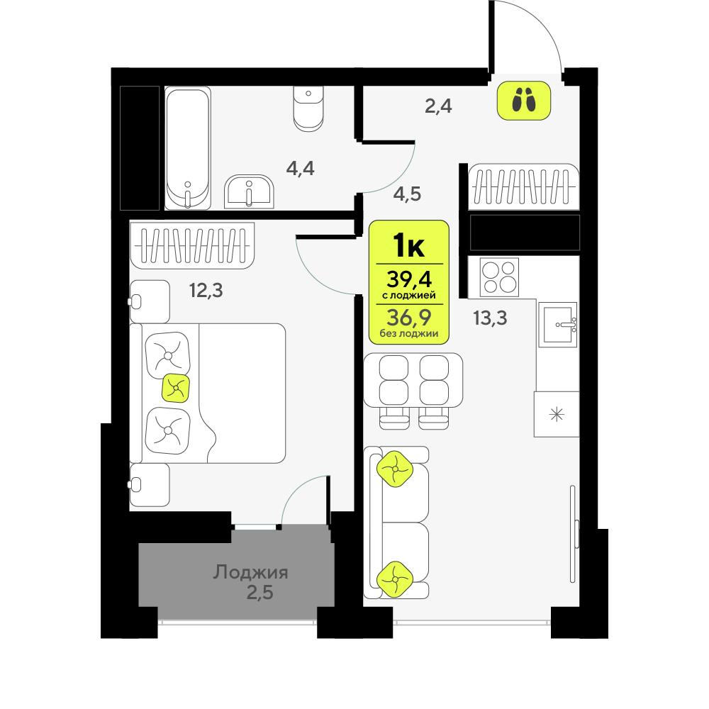 1-комнатная 39 м2 в ЖК Мотивы корпус null этаж 7