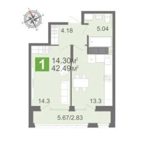 1-комнатная 42.5 м2 в ЖК undefined корпус null этаж 13