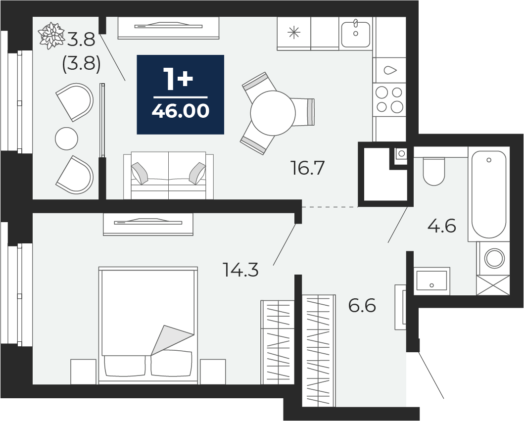 1-комнатная 46 м2 в ЖК Мириады корпус null этаж 6