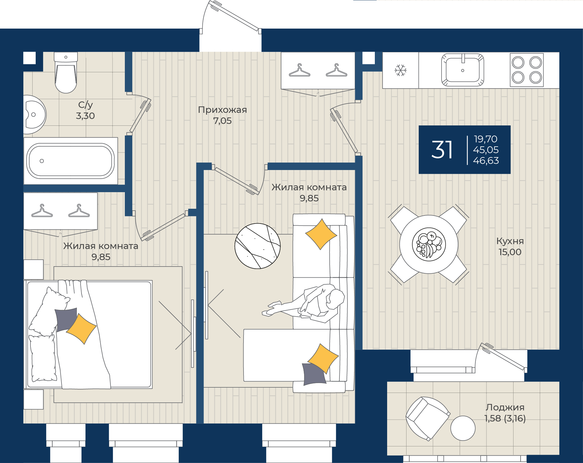 2-комнатная 46 м2 в ЖК Чехова корпус null этаж 2