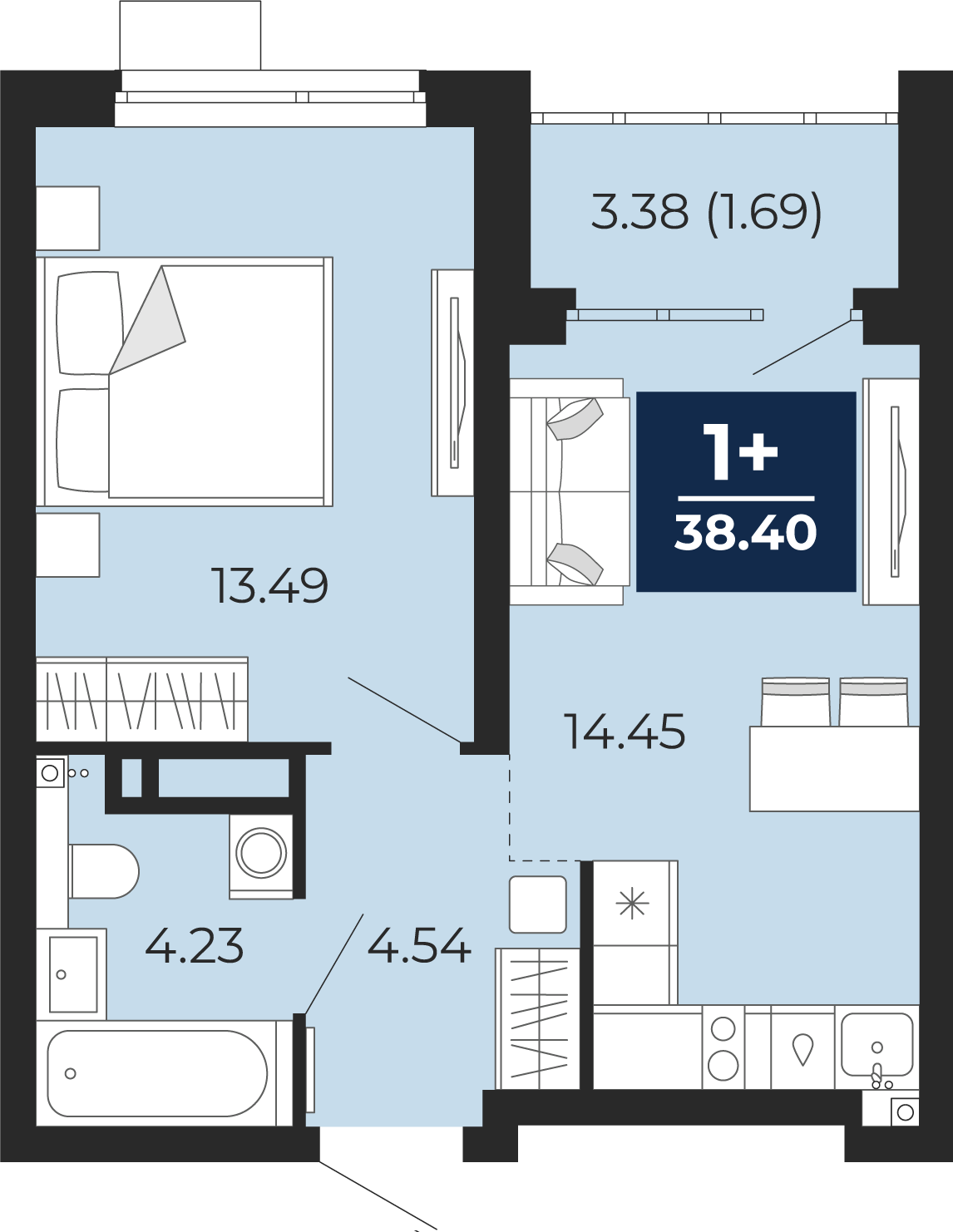 1-комнатная 36 м2 в ЖК Прео корпус null этаж 16