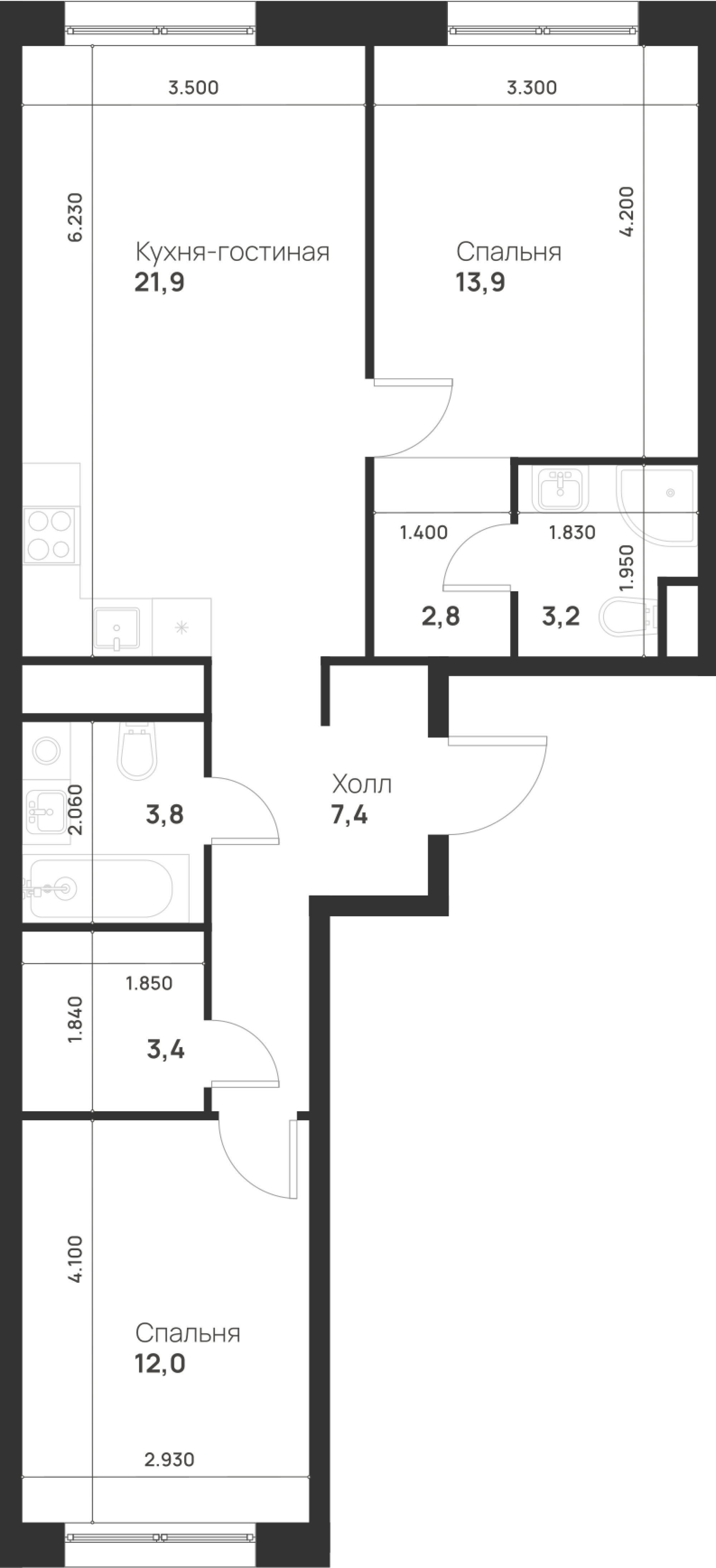 2-комнатная 68 м2 в ЖК Форевиль корпус null этаж 5