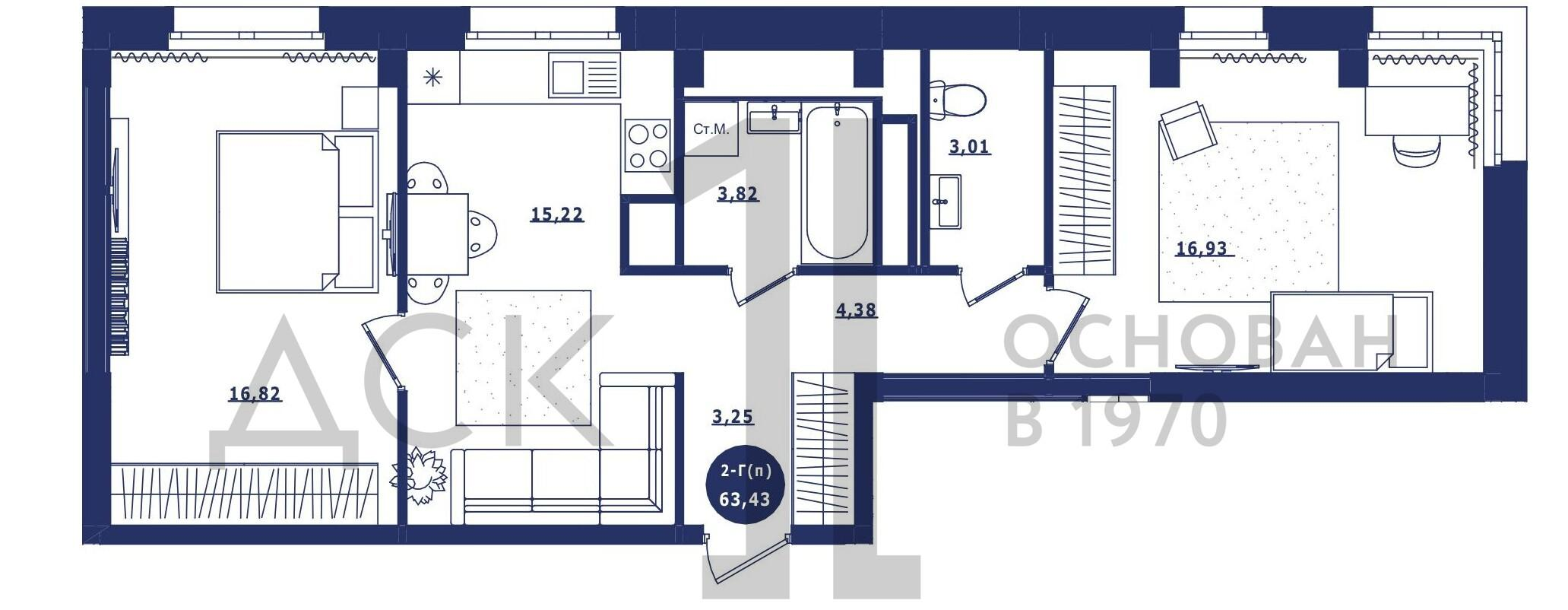 2-комнатная 63 м2 в ЖК Крылов корпус null этаж 15