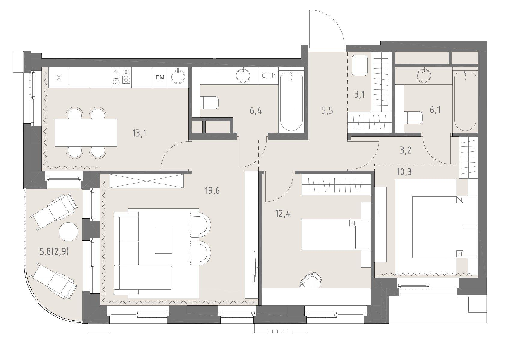 3-комнатная 82 м2 в ЖК Родина парк корпус null этаж 8