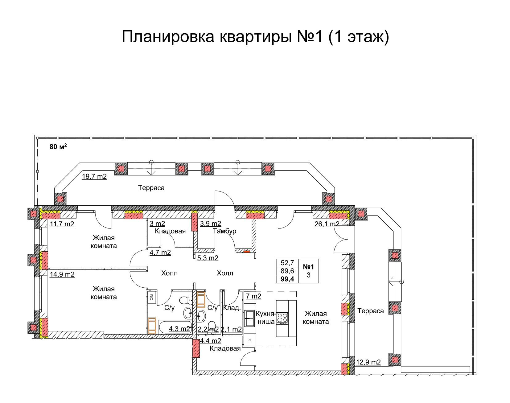 3-комнатная 101 м2 в ЖК Клюквенный корпус null этаж 1