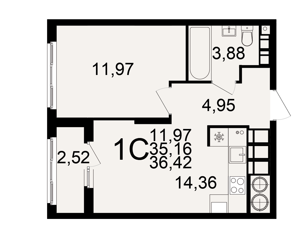 1-комнатная 35 м2 в ЖК Вдохновение корпус null этаж 21