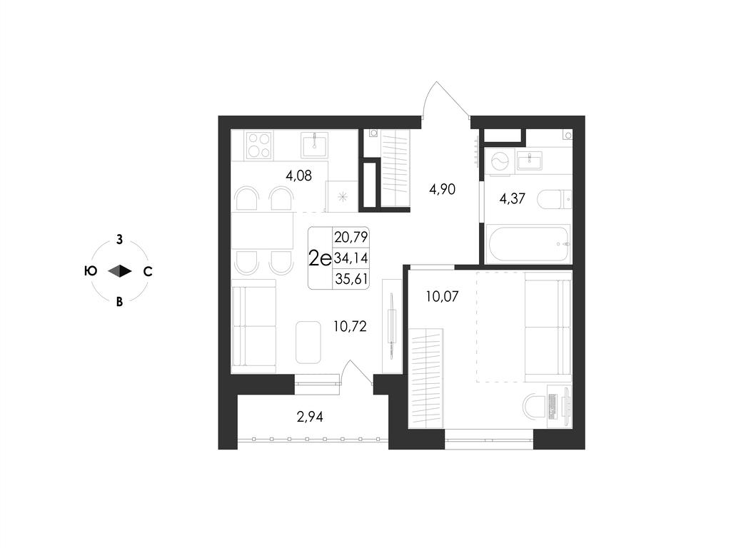 2-комнатная 35 м2 в ЖК Май корпус null этаж 6