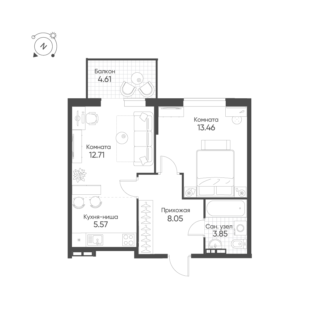 1-комнатная 45 м2 в ЖК Балтым-Парк корпус null этаж 2