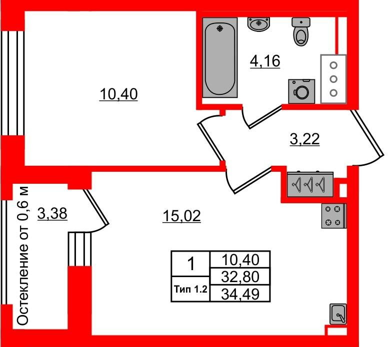 1-комнатная 32 м2 в ЖК Сэтл Ривьера корпус null этаж 10