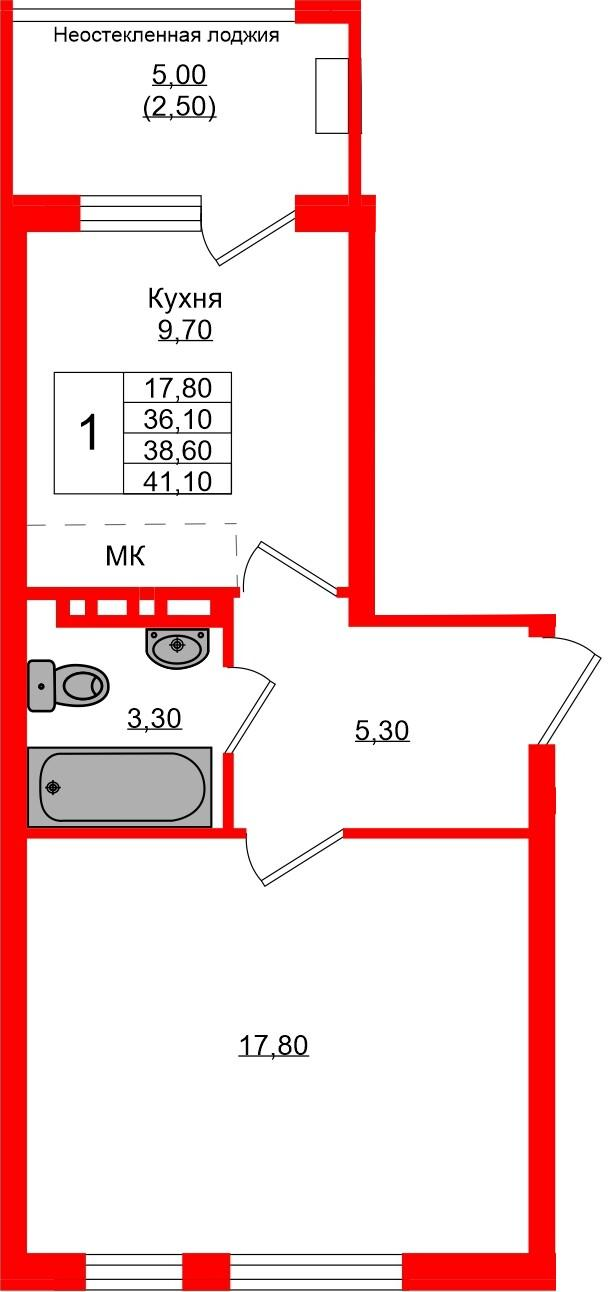 1-комнатная 38 м2 в ЖК Кроны и Волны корпус null этаж 4