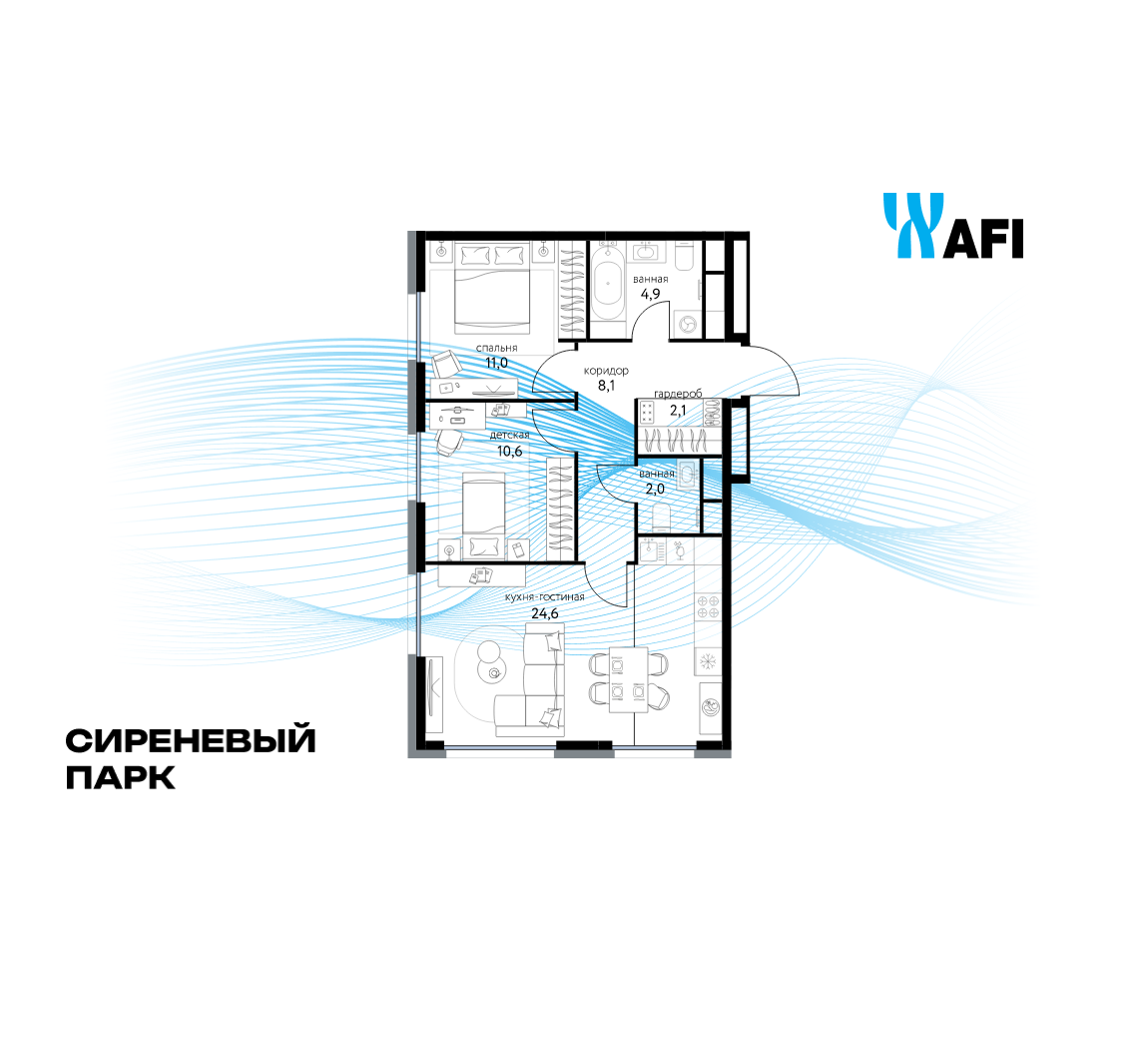 3-комнатная 63 м2 в ЖК Сиреневый парк корпус null этаж 13
