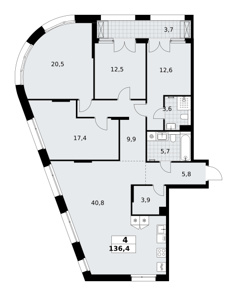 4-комнатная 136 м2 в ЖК Хольм корпус null этаж 6