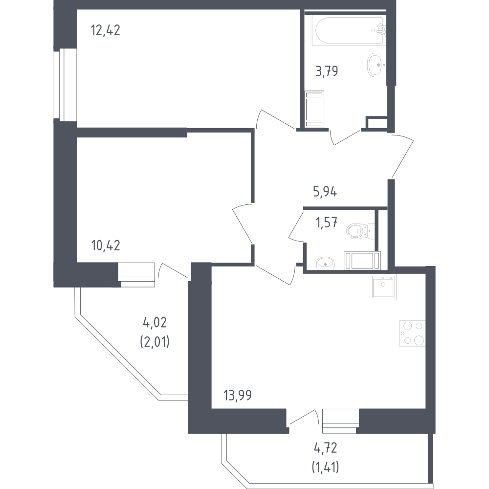2-комнатная 51 м2 в ЖК Живи! В Рыбацком корпус null этаж 3