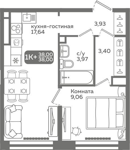 1-комнатная 38 м2 в ЖК Меридиан Слобода корпус null этаж 2