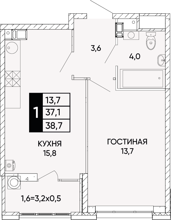 1-комнатная 38 м2 в ЖК Левобережье корпус null этаж 6