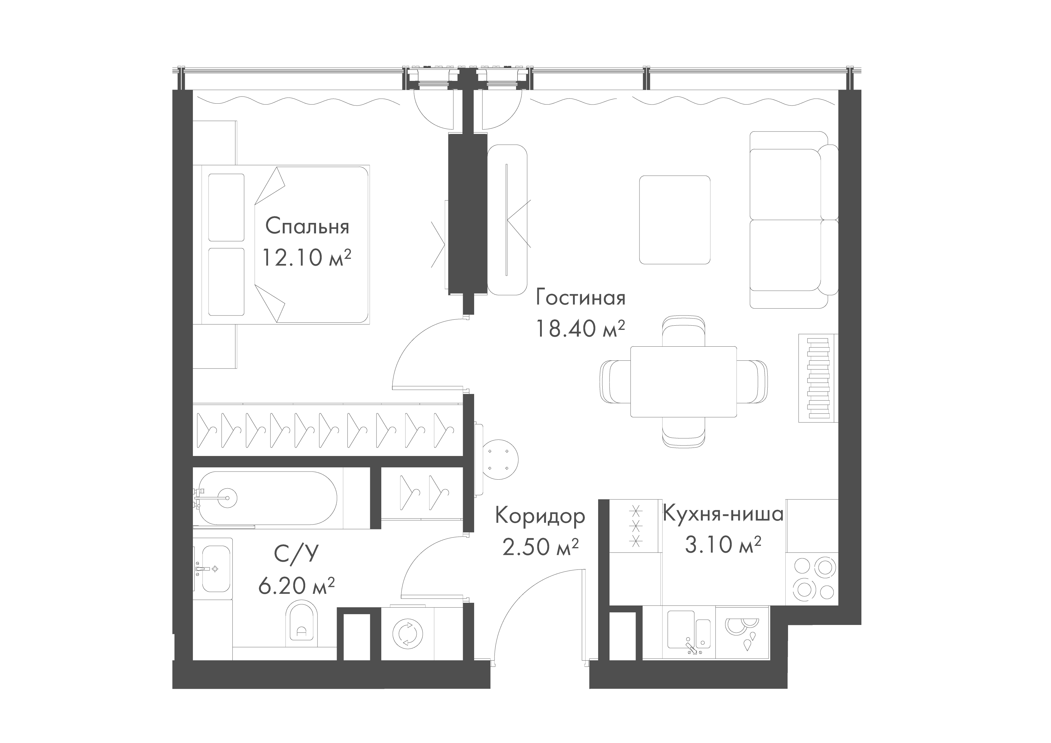 1-комнатная 43 м2 в ЖК СЛАВА корпус null этаж 9