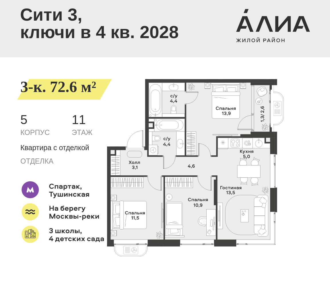 3-комнатная 72 м2 в ЖК АЛИА корпус null этаж 11