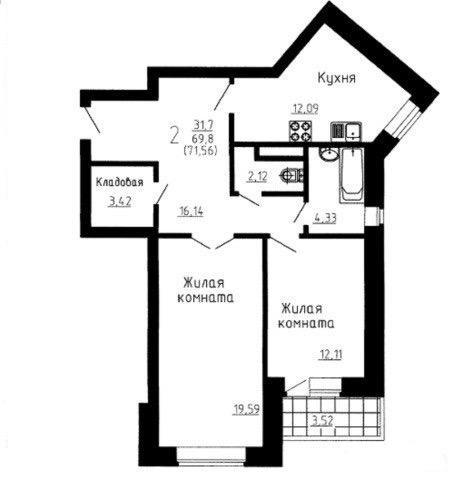 2-комнатная 72 м2 в ЖК undefined корпус null этаж 6