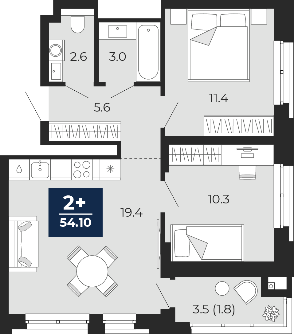 2-комнатная 52 м2 в ЖК Мириады корпус null этаж 3
