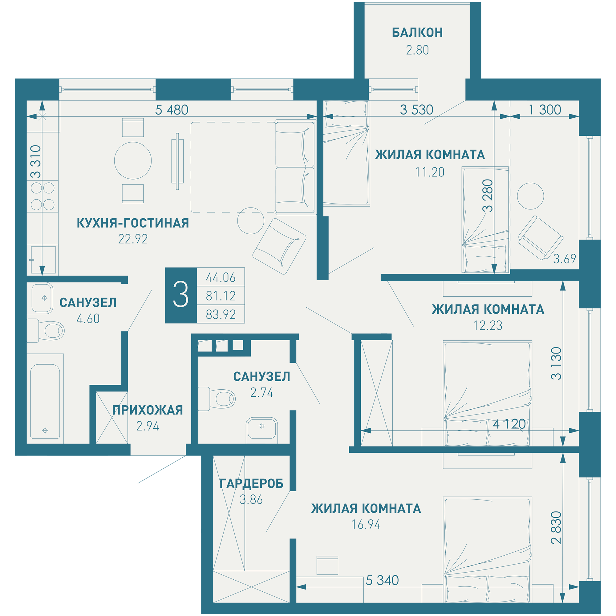 3-комнатная 86 м2 в ЖК ИНАЧЕ в Молодежном корпус null этаж 4
