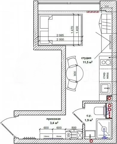 1-комнатная 17.3 м2 в ЖК undefined корпус null этаж 2