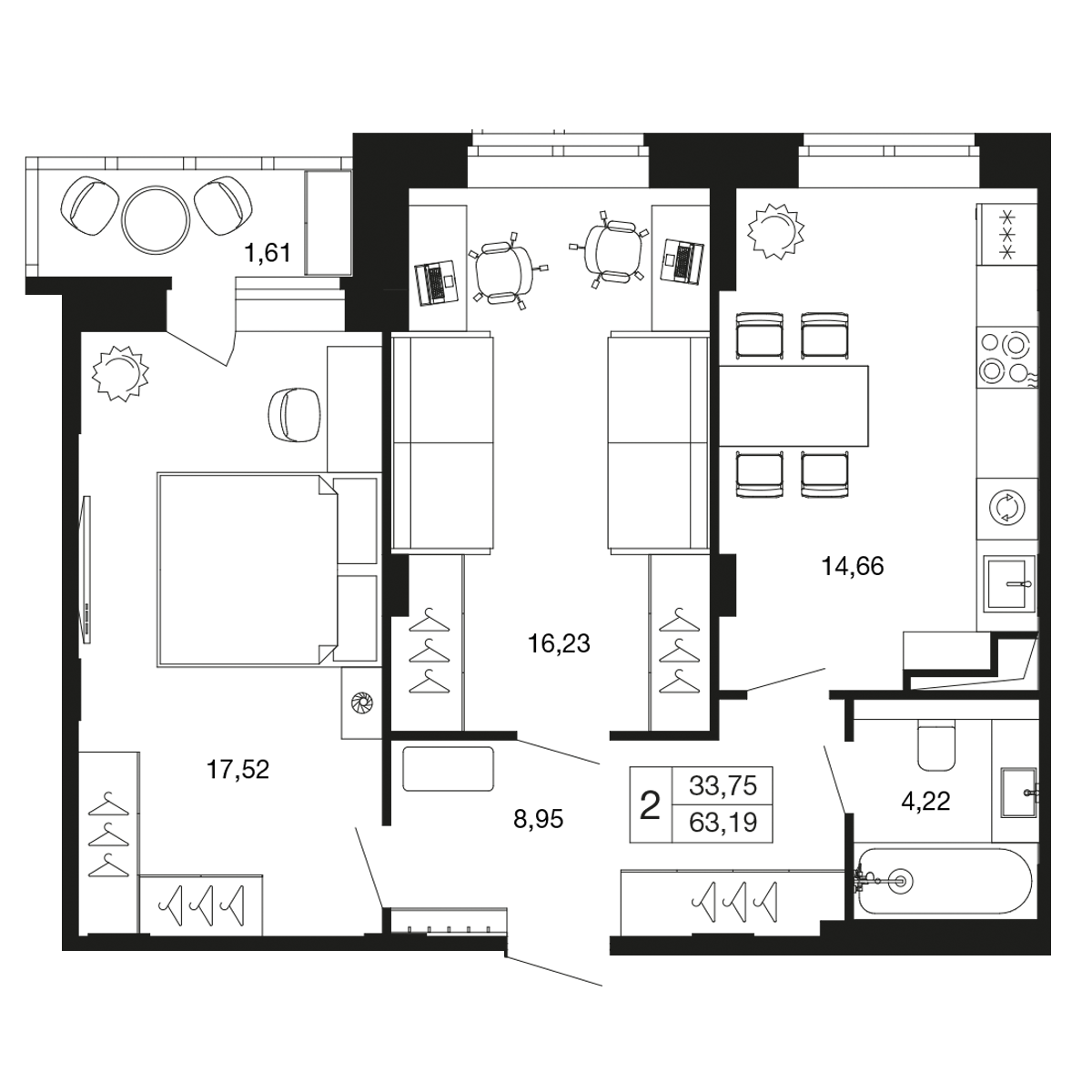 2-комнатная 63 м2 в ЖК Времена года корпус null этаж 5