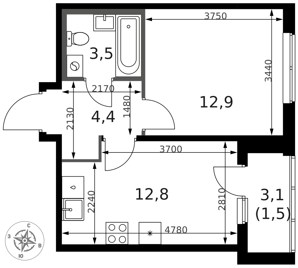 1-комнатная 35 м2 в ЖК 1-й Ясеневский корпус null этаж 2