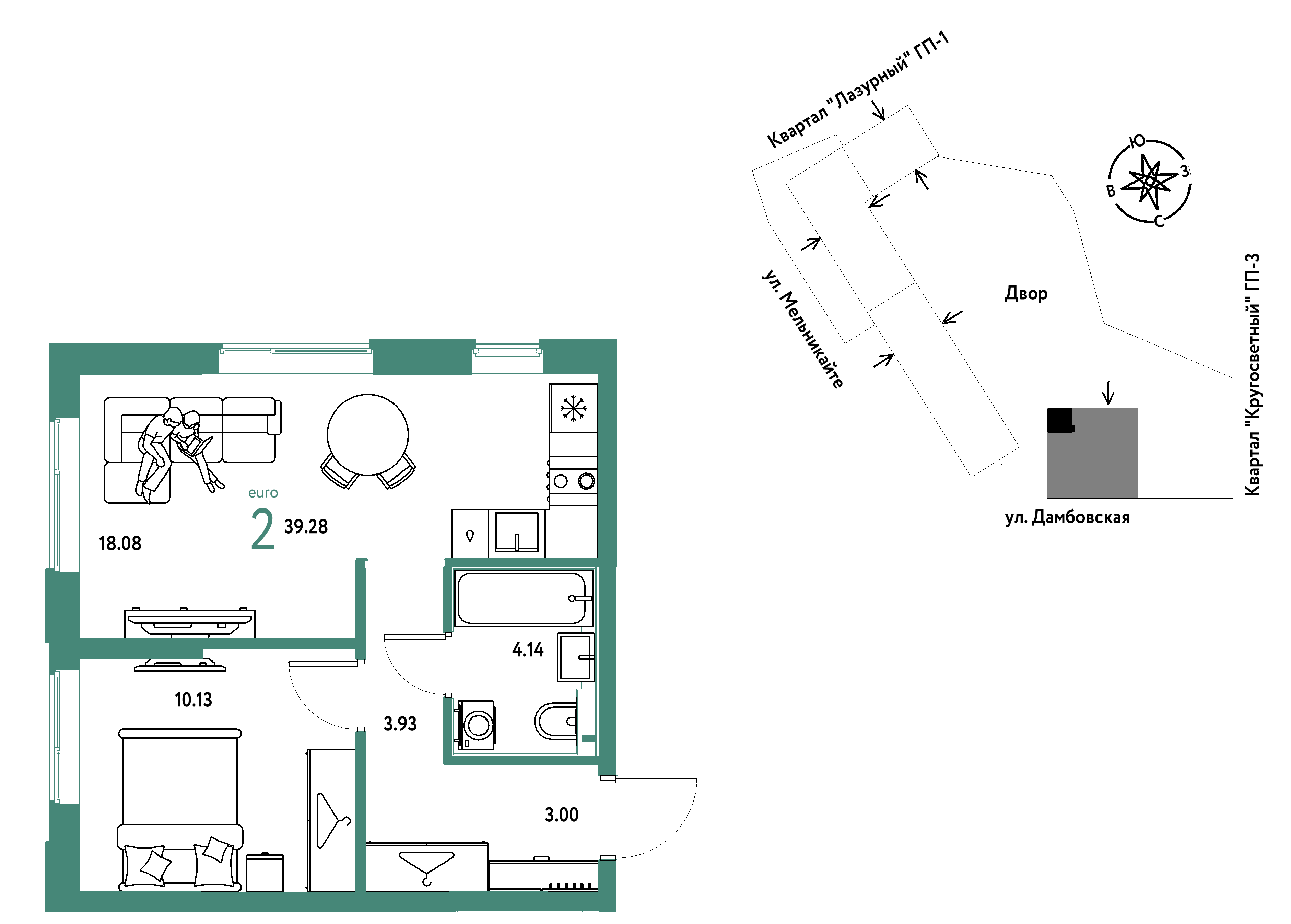 2-комнатная 39 м2 в ЖК Страна.Прибрежная корпус null этаж 3