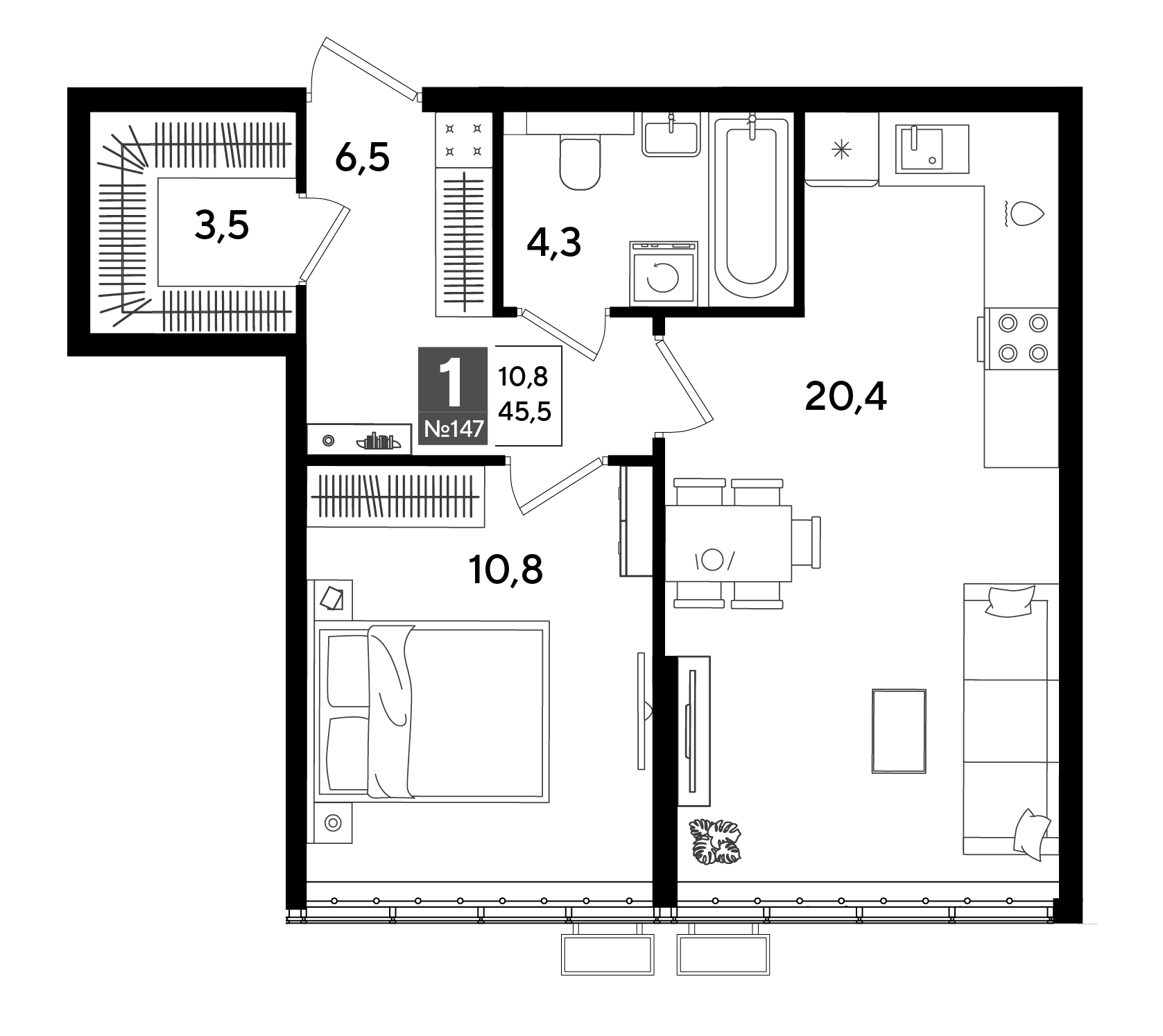 1-комнатная 45 м2 в ЖК Dogma Park корпус null этаж 2