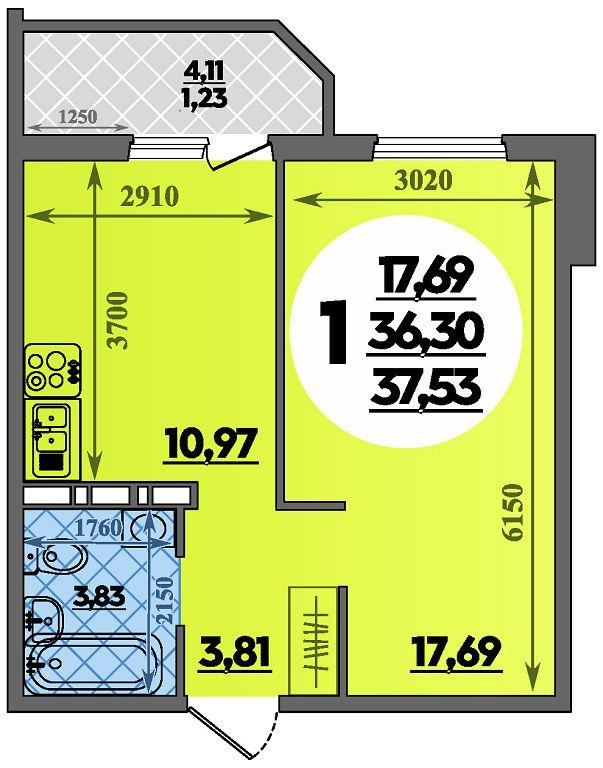 1-комнатная 37 м2 в ЖК Восточный корпус null этаж 6