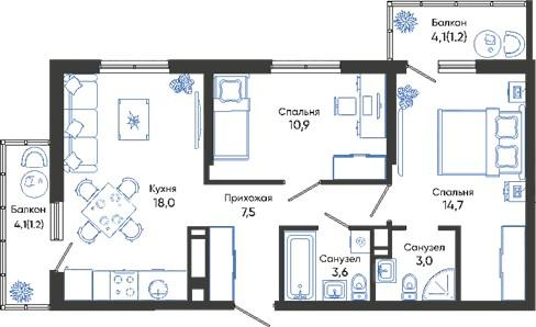 2-комнатная 60 м2 в ЖК Облака корпус null этаж 21