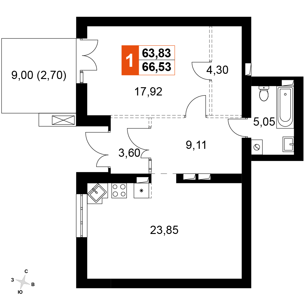 1-комнатная 66 м2 в ЖК Жаворонки Клаб корпус null этаж 1