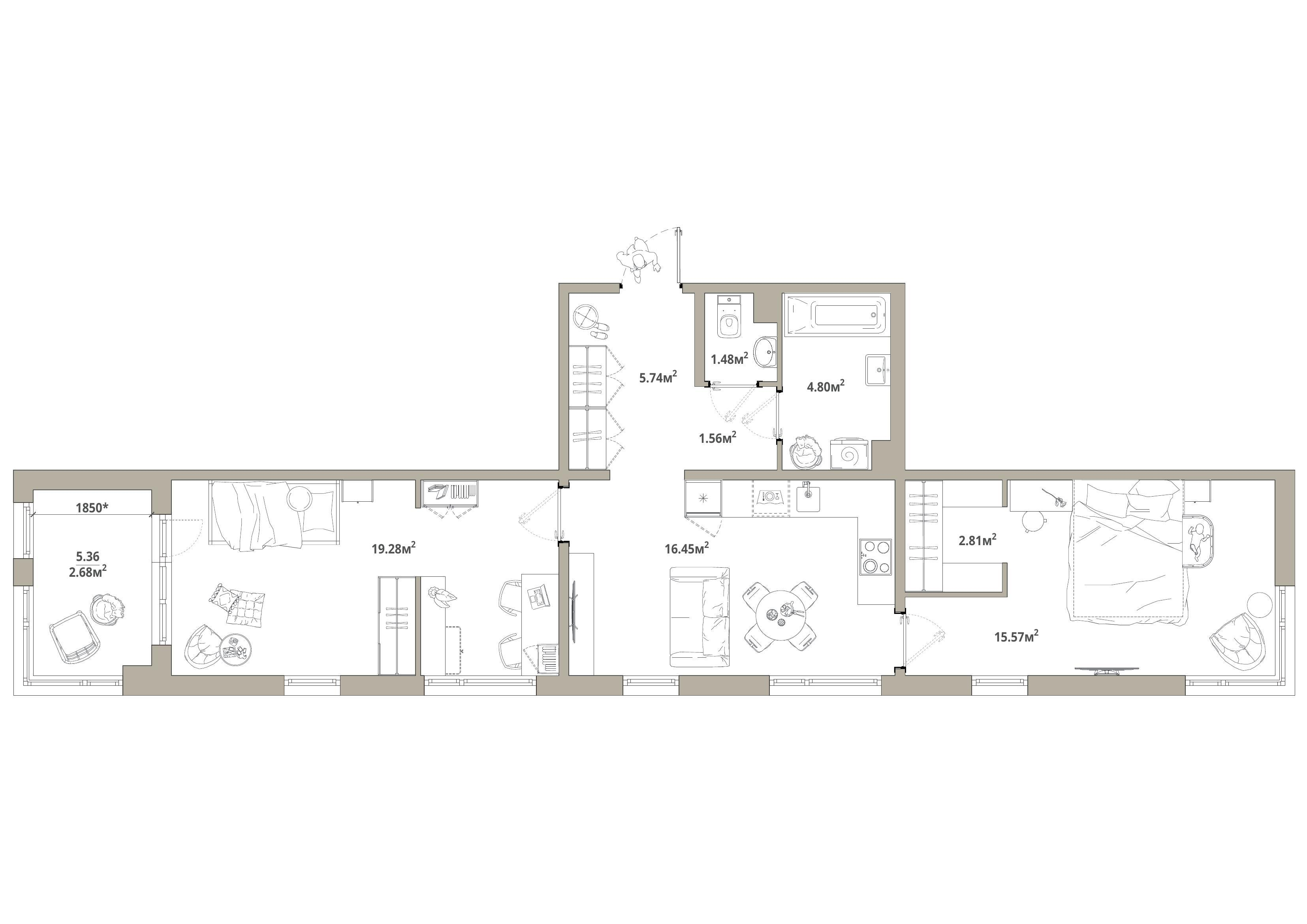 2-комнатная 70 м2 в ЖК Тишин корпус null этаж 4