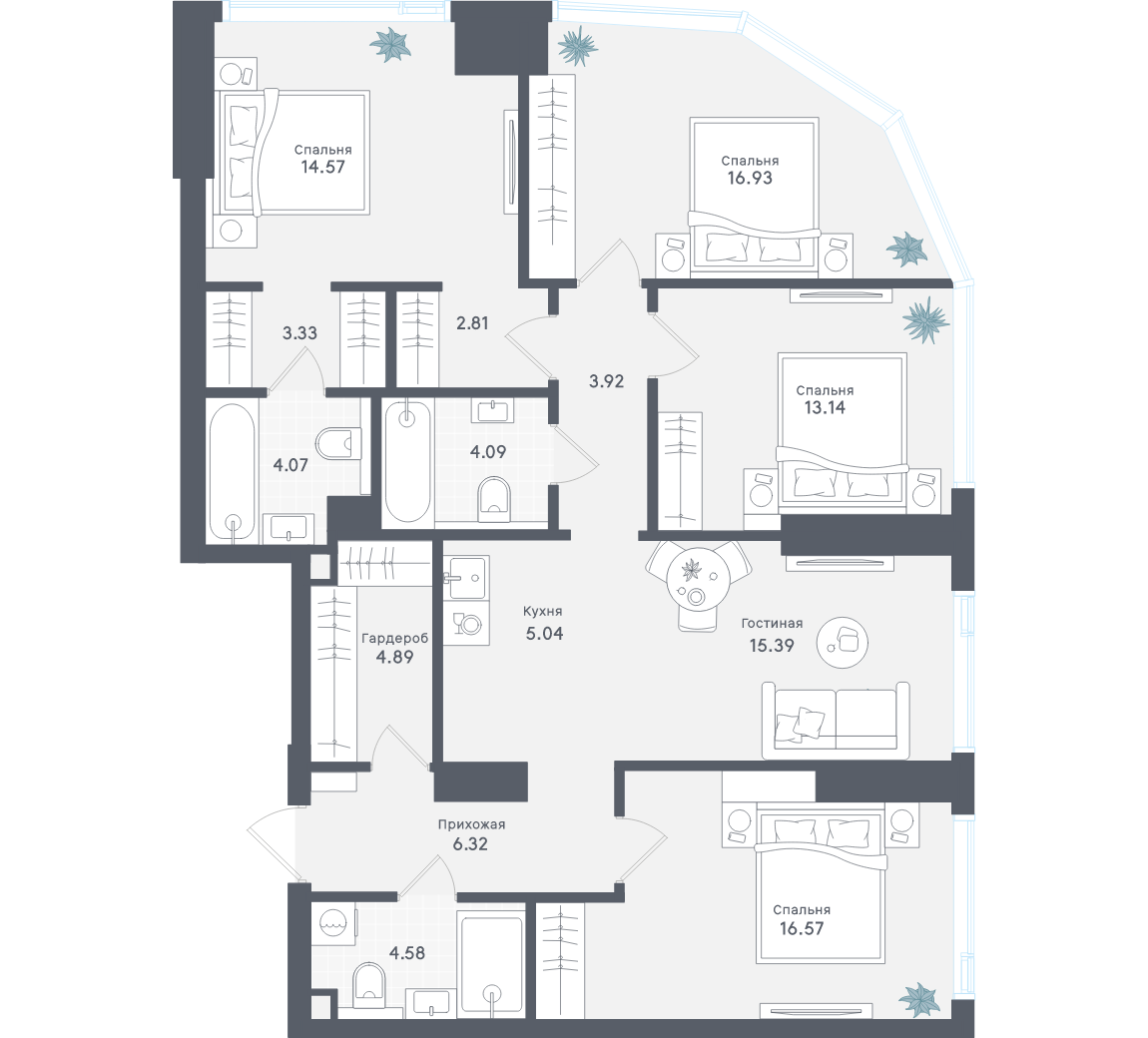 4-комнатная 115 м2 в ЖК Solos корпус null этаж 39