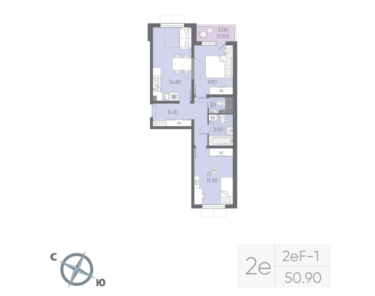 2-комнатная 50 м2 в ЖК Ручьи (2 оч.) корпус null этаж 15