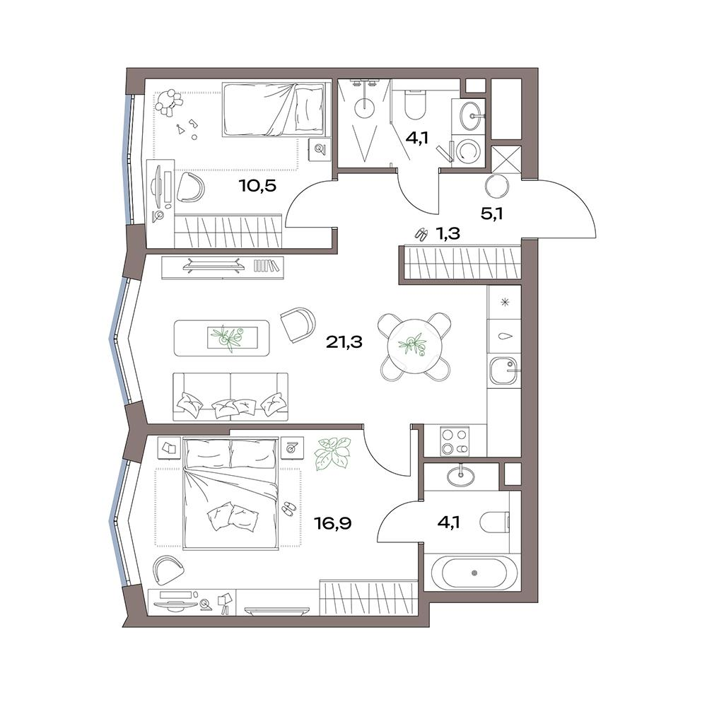 3-комнатная 63 м2 в ЖК Акценты корпус null этаж 14