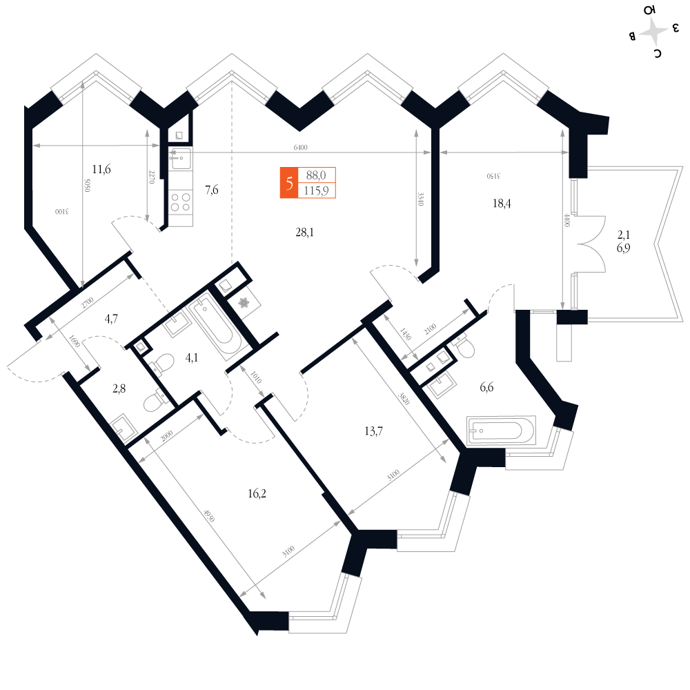 5-комнатная 115 м2 в ЖК Фордевинд корпус null этаж 17