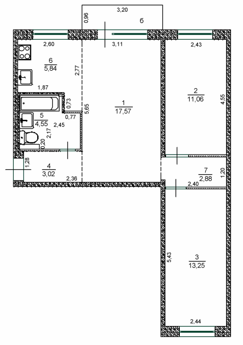 3-комнатная 59.5 м2 в ЖК undefined корпус null этаж 3