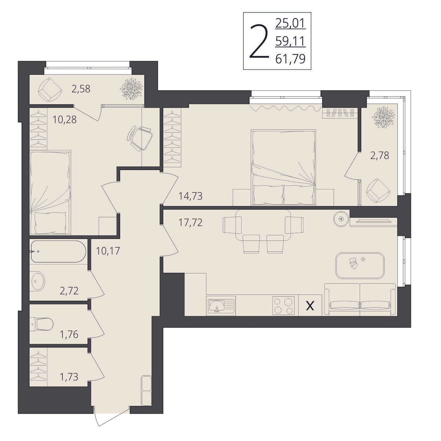 2-комнатная 61 м2 в ЖК Берег Волги корпус null этаж 8