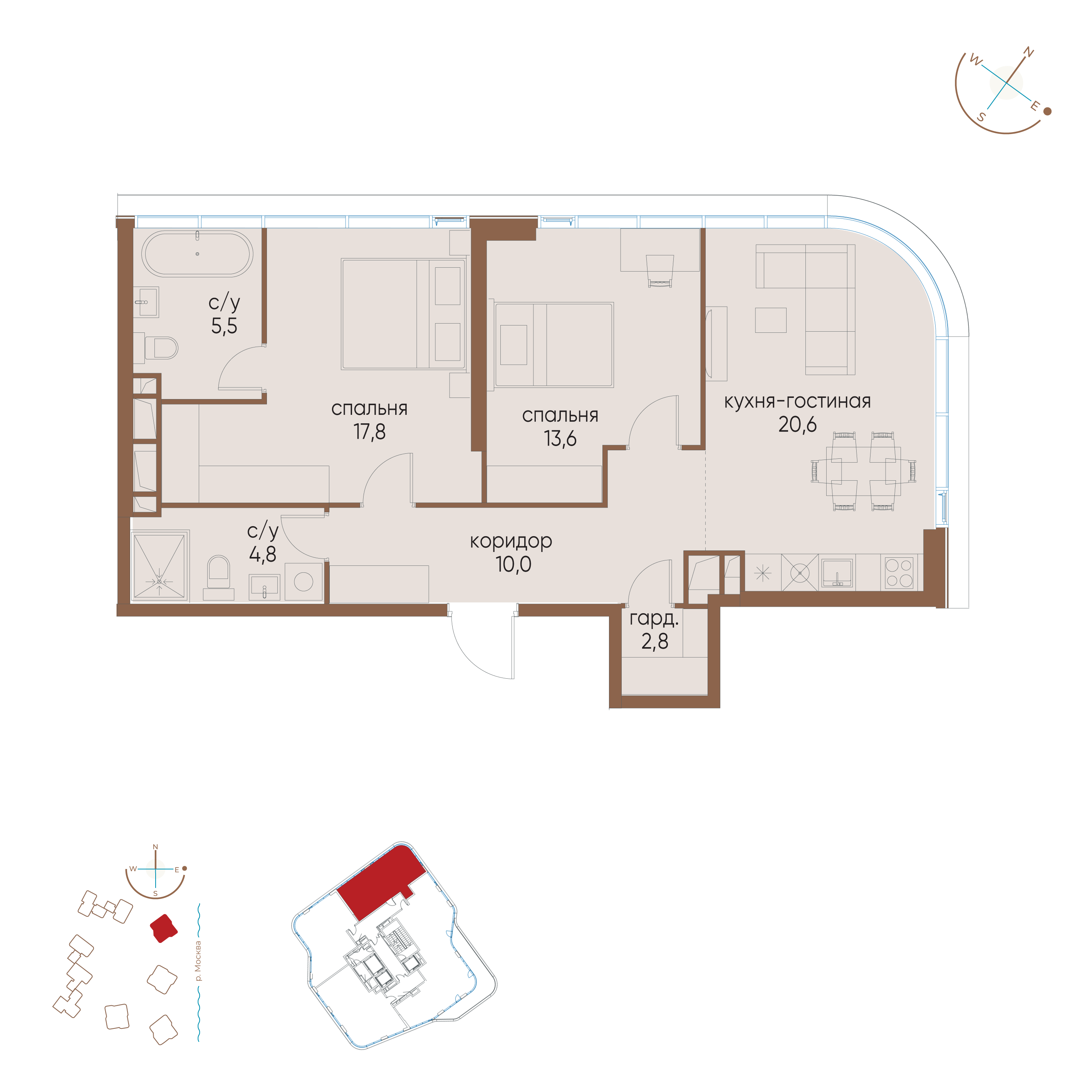 2-комнатная 75 м2 в ЖК Остров корпус null этаж 5