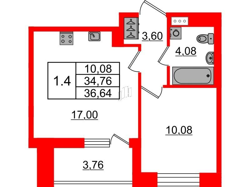 1-комнатная 34 м2 в ЖК Бионика Заповедная корпус null этаж 3