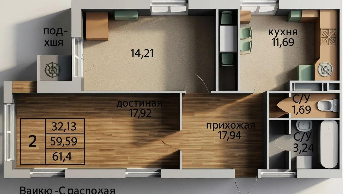 2-комнатная 61.4 м2 в ЖК undefined корпус null этаж 9