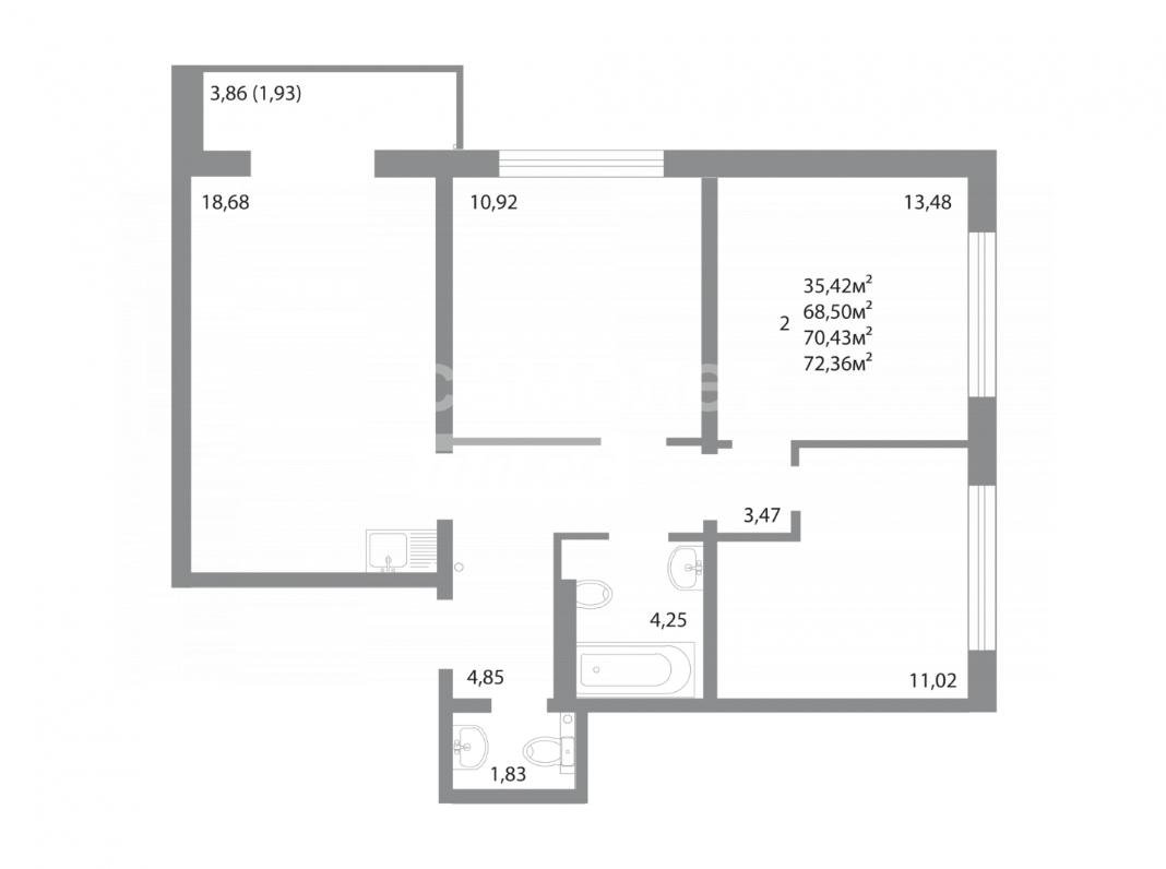 3-комнатная 70.4 м2 в ЖК undefined корпус null этаж 15