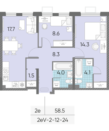 2-комнатная 58 м2 в ЖК ЛУЧИ корпус null этаж 13