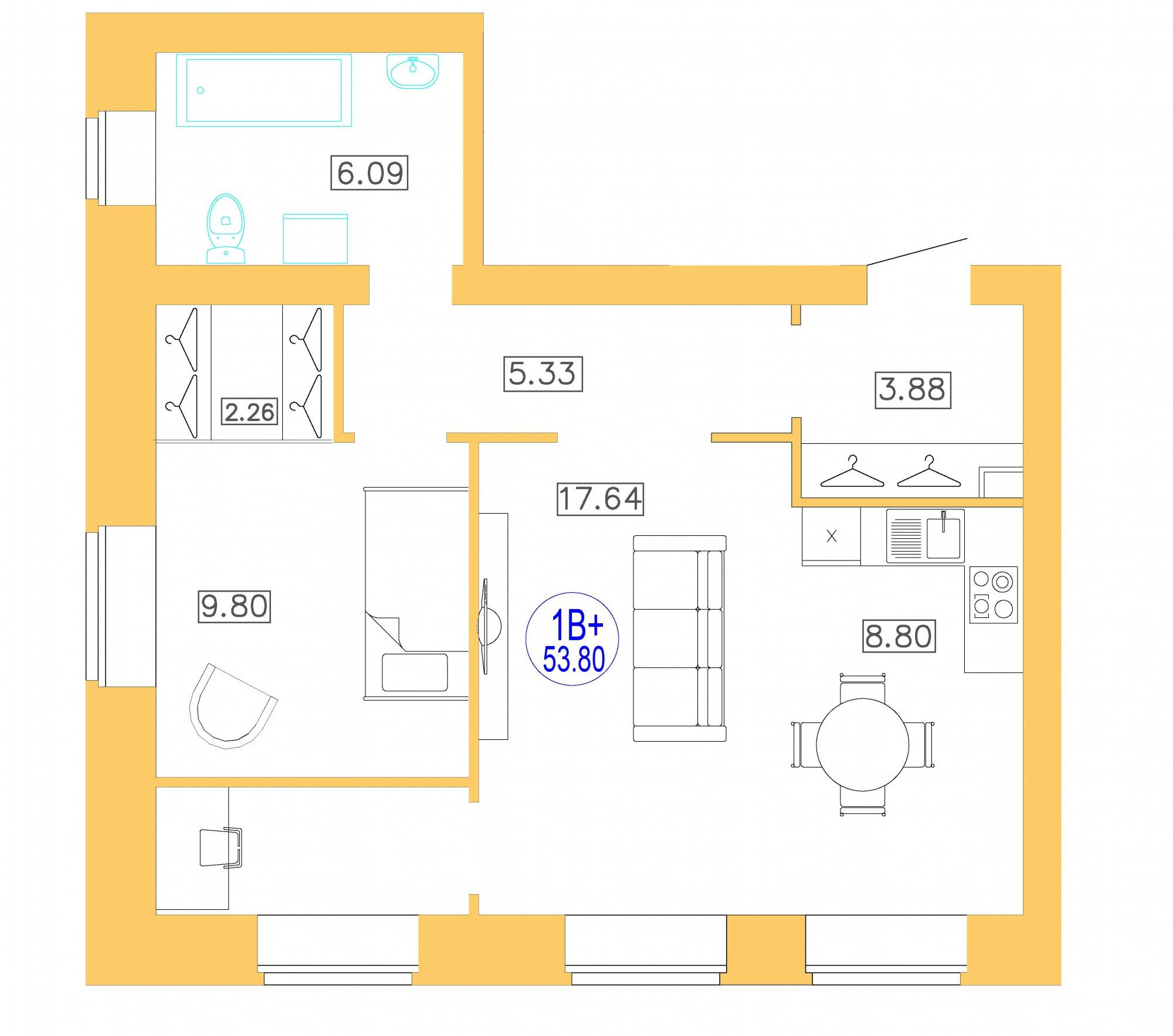 2-комнатная 53 м2 в ЖК Листопад корпус null этаж 7