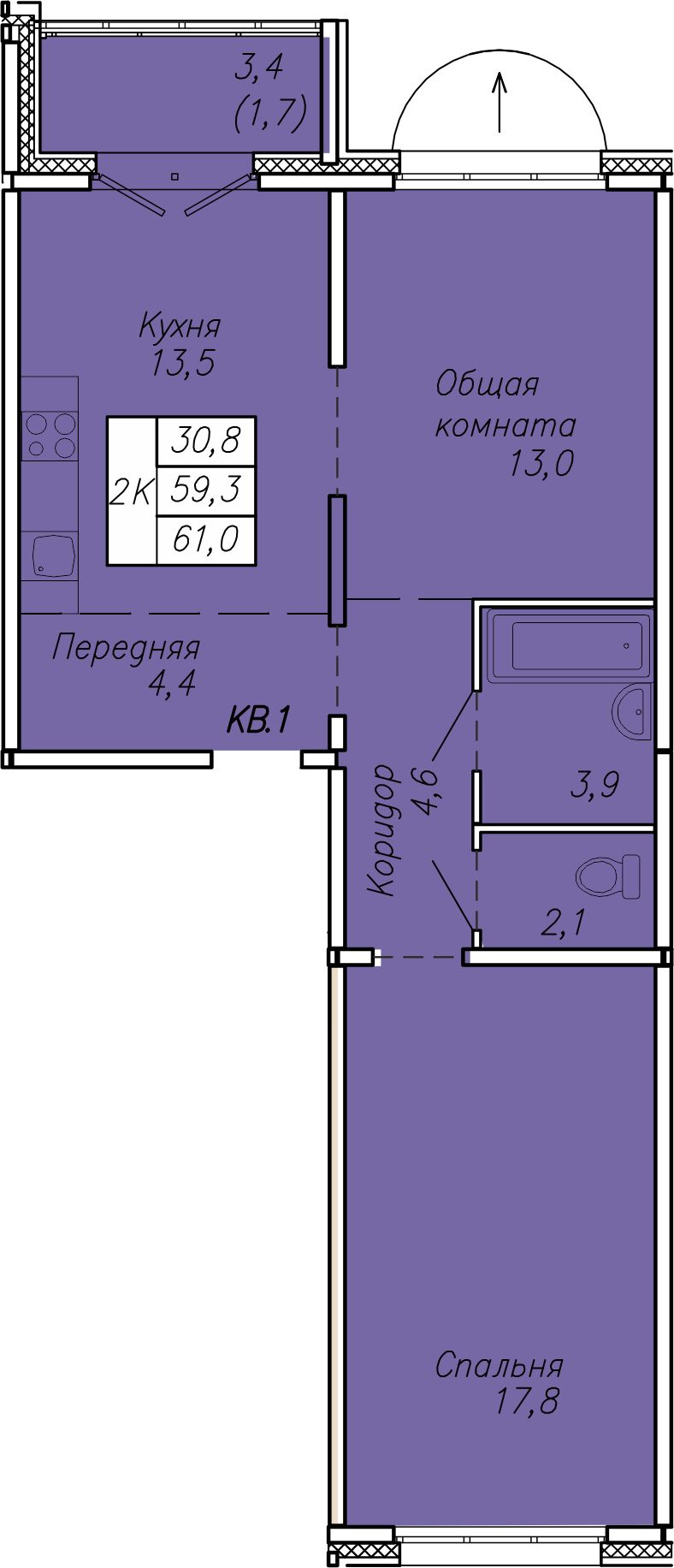 2-комнатная 61 м2 в ЖК Квартет корпус null этаж 1